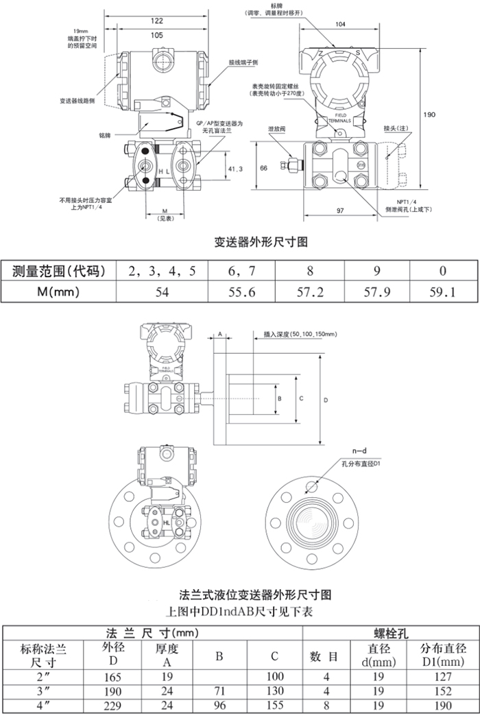 蒸汽鍋爐液位變送器規(guī)格尺寸表