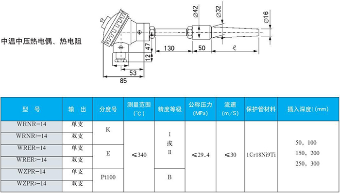 電站測(cè)溫專(zhuān)用熱電偶中溫中壓規(guī)格表